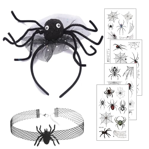 6 Stück Halloween Haarschmuck, Spinnenkostüm Damen, mit Kopfschmuck, Halskette und Aufklebern, für Kinder und Erwachsene, Halloween Party, Karneval, Mottoparty von BaiDekun