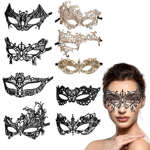 9 Stück Spitze Maske, Venezianische Spitze Damen (6 Schwarz, 3 Gold) | Feine Maske für Halloween Karneval Abendkleid Tanz Ball Party für Frauen von BaiDekun