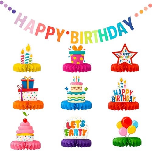 BaiDekun 10 Stück Geburtstag Tischaufsätze, 1 Happy Birthday Girlande und 9 Waben Tischdekoration Party Deko, Tisch Ornament für Geburtstag Party von BaiDekun