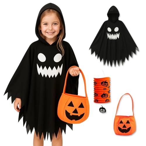 BaiDekun 3 Kostüm Gespenst Set, Gespenst Kostüm Kinder Halloween Kostüm Kinder Jungen, Halloween Kostüm Baby Mit Kürbistasche Und Laterne, Verkleidung Für Karneval Und Mottoparty von BaiDekun