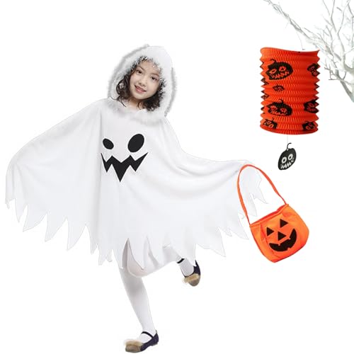 BaiDekun 3-teiliges Gespenst Kostüm Set für Kinder (weißer Geisterumhang, Halloween Kürbis Laterne,Süßigkeiten Tasche) - Perfektes Halloween Kostüm Kinder für Gruselpartys, Karneval & Mottoparty von BaiDekun