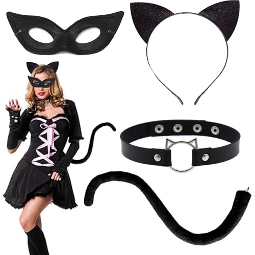 BaiDekun 4 Stück Katzenkostüm Damen, Cosplay Kostüm, mit Katzenohren Haarreif, Plüsch Schwanz, Halskette & Masken für Halloween, Karneval, Kostümfest BaiDekun 4 Stück Katzenkostüm Damen, Cosplay Kostüm, mit Katzenohren Haarreif, Plüsch Schwanz, Halskette & Masken für Halloween, Karneval, Kostümfest von BaiDekun