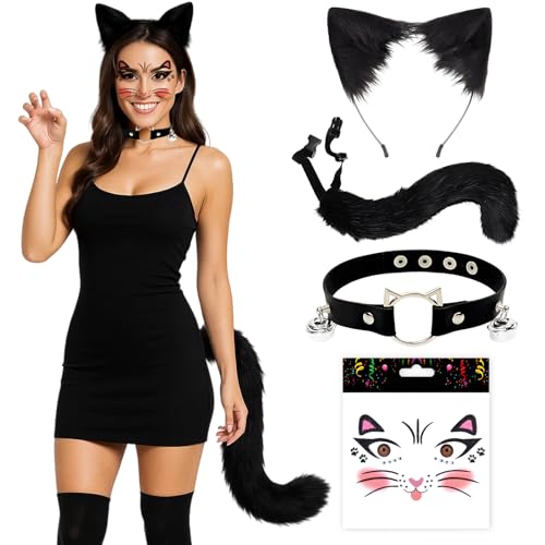 BaiDekun 4-Teiliges Catwoman Kostüm Damen Set, Katzenkostüm für Halloween und Karneval, Cat Noir Kostüm mit Katzenohren und Schwanz für Cosplay und Partys von BaiDekun