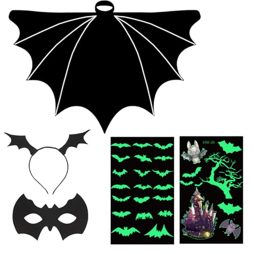 BaiDekun 5 Teile Fledermaus Kostüm Kinder, Vampir Kostüm, Halloween Kinder, Mit Leuchtenden Tattoos, Für Jungen Und Mädchen Körpergröße 120-130CM, Gruselpartys, Karneval, Geburtstage von BaiDekun