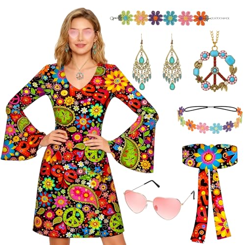 BaiDekun 8 Stück Hippie Kostüm Damen, 70er Jahre Outfit Damen, Flower Power Kleidung für Karneval, Themenpartys und Retro-Events, Inklusive Kleid, Schmuck und Accessoires von BaiDekun