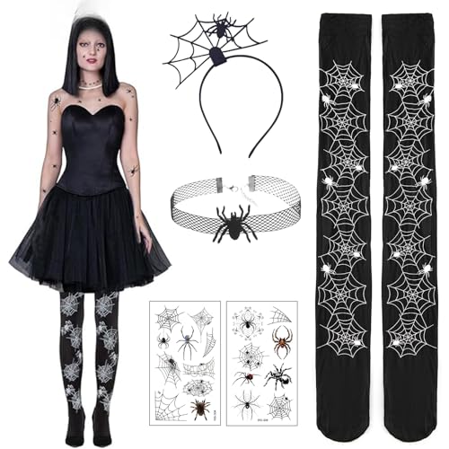 BaiDekun Halloween Spinnenkostüm Damen Set inklusive Spinnenweben-Strumpfhosen, Spinnennetz-Zubehör-Set, Spinnen-Gesichtstattoos, Spinnen-Halsbändern, Fledermaus-Kostüm Damen, Halloween-Karneval BaiDekun Halloween Spinnenkostüm Damen Set inklusive Spinnenweben-Strumpfhosen, Spinnennetz-Zubehör-Set, Spinnen-Gesichtstattoos, Spinnen-Halsbändern, Fledermaus-Kostüm Damen, Halloween-Karneval von BaiDekun