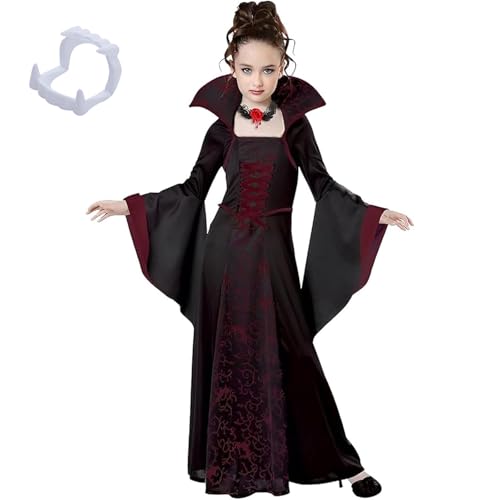 BaiDekun Halloween Vampir Kleid für Mädchen, Gothic Vampirin Queen mit Vampir-Fake-Zahn, Schwarz-Rot Design für Party, Fasching & Cosplay Verkleidung BaiDekun Halloween Vampir Kleid für Mädchen, Gothic Vampirin Queen mit Vampir-Fake-Zahn, Schwarz-Rot Design für Party, Fasching & Cosplay Verkleidung von BaiDekun