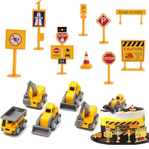 Baustellenfahrzeuge Kinder: 14-teiliges Bagger-Set mit Mini Bagger Kuchendeko Spielzeug, inkl. Verkehrsschildern – Geburtstagsgeschenk für Jungen & Mädchen 2-5 Jahre von BaiDekun