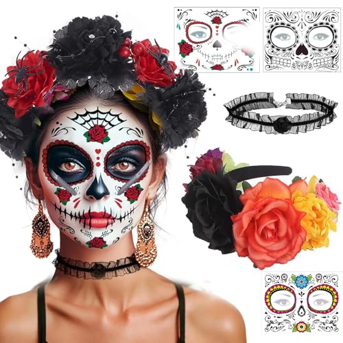 Halloween Karneval Tag der Toten Deko Totenkopf Gesichtstattoo, mexikanische Blumenkrone Haarreif Damen Kopfschmuck für Fasching, Kostüm- & Schminkaccessoires von BaiDekun