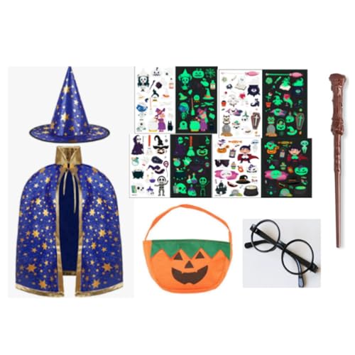 Kinder Halloween Kostüme 9-teiliges Set, Wizard Cape Witch Umhang, mit Umhang, Hut, Kürbistasche, Leuchtsticker, Zauberstäben & Brille – Cosplay-Party-Outfit für Jungen Mädchen von BaiDekun