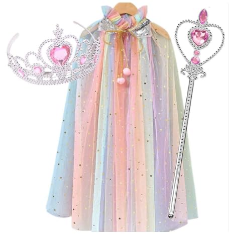 Prinzessin Umhang Kinder Mädchen, Prinzessin Kostüm mit Krone Krone Und LängeZauberstab, Halloween Kostüm Umhang, Tüll Glitzer Pailletten Prinzessinnen Cape, Verkleidung für Karneval Cosplay Party (B von BaiDekun