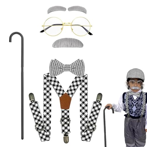 Baieye Opa Kostüm Kinder,Alter Mann Kostüm Zubehör Set mit Falschem Bart Augenbraue Gehstock Brille,Rentner Verkleiden für Jungen von Baieye