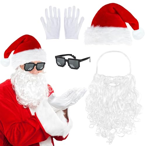 4 Stück Weihnachtsmann Kostüm Set, Weihnachtsmann Bart Mütze Brille Handschuhe, Weihnachtsmütze mit Bart Nikolausbart Weihnachtsmütze Weihnachtsmann Kostüm Accessoires für Weihnachten Cosplay von Bailtouk