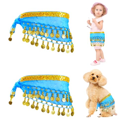 Baisdan Bauchtanz-Hüfttuch für Kinder, Hunde, Bauchtanzrock mit Pailletten-Münze, Hundekostüm für Halloween, Geburtstagsfeiern und Cosplay, Hellblau, 2 Stück von Baisdan