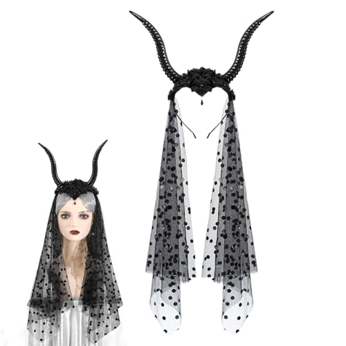 Bajbumgn Halloween Stirnbänder Für Damen - Ziegenhörner Haarreif Mit Schleier Für Festtage,Cosplay Kopfschmuck, Halloween Kostüm Zubehör für Themenpartys, Karnevals, Feiertagsaufführungen und von Bajbumgn