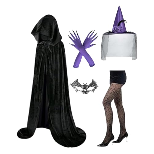 Hexenkostüm Zubehör Set, Hexen Cosplay Zubehör mit Hut, Handschuhen, Spitzen Gesichtsbedeckung und Socken, Hexen-Kostüm-Set, für Halloween Cosplay Verkleidung Hexenkostüm Zubehör Set, Hexen Cosplay Zubehör mit Hut, Handschuhen, Spitzen Gesichtsbedeckung und Socken, Hexen-Kostüm-Set, für Halloween Cosplay Verkleidung von Bajbumgn