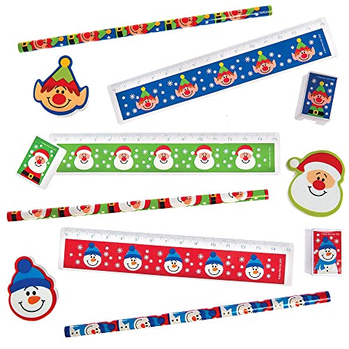 Baker Ross FX400 Mini Schreibwaren Set Weihnachten-4er Pack, Lineal, Radiergummi, Bleistift, Spitzer, Kleine Adventskalendergeschenke, Nikolaus Geschenke für Kinder von Baker Ross