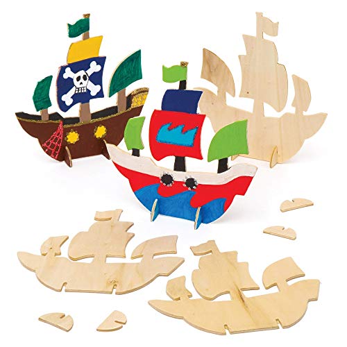 Baker Ross Piratenschiffe aus Holz zum Aufstellen (6 Stück) – für Kinder zum Basteln und Gestalten von 3D-Piratenschiffen von Baker Ross