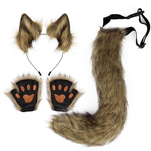 Kunstfell Fuchs Katzenohren Stirnband Schwanz Handschuhe Set – süßes Katzenkostüm pelzige Ohren Schwanz und Pfoten Tierkostüm Verkleidung Halloween Weihnachten Karneval Cosplay Bühnenkostüm von BakerMiche