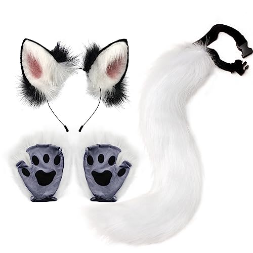 Kunstfell Fuchs Katzenohren Stirnband Schwanz Handschuhe Set – süßes Katzenkostüm pelzige Ohren Schwanz und Pfoten Tierkostüm Verkleidung Halloween Weihnachten Karneval Cosplay Bühnenkostüm von BakerMiche