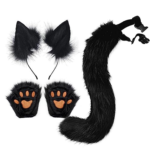 Kunstfell Fuchs Katzenohren Stirnband Schwanz Handschuhe Set – süßes Katzenkostüm pelzige Ohren Schwanz und Pfoten Tierkostüm Verkleidung Halloween Weihnachten Karneval Cosplay Bühnenkostüm von BakerMiche