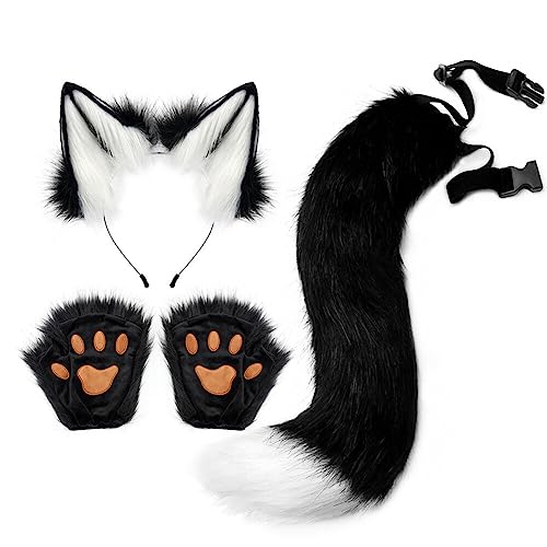 Kunstfell Fuchs Katzenohren Stirnband Schwanz Handschuhe Set – süßes Katzenkostüm pelzige Ohren Schwanz und Pfoten Tierkostüm Verkleidung Halloween Weihnachten Karneval Cosplay Bühnenkostüm von BakerMiche