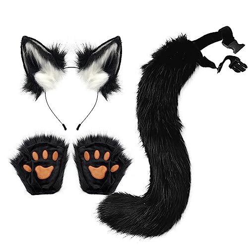 Kunstfell Fuchs Katzenohren Stirnband Schwanz Handschuhe Set – süßes Katzenkostüm pelzige Ohren Schwanz und Pfoten Tierkostüm Verkleidung Halloween Weihnachten Karneval Cosplay Bühnenkostüm von BakerMiche