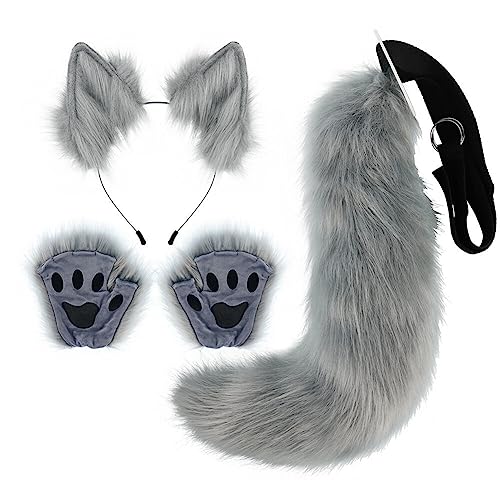 Kunstfell Katzenohren Stirnband flauschiger Wolf Fuchsschwanz Krallenhandschuhe Cosplay Kostüm Set Tierkostüm pelziger Schwanz und Pfoten Damen Kostüm für Halloween Karneval Rollenspiele Bühnenshow von BakerMiche