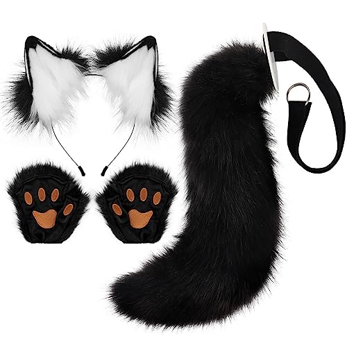 Kunstfell Katzenohren Stirnband flauschiger Wolf Fuchsschwanz Krallenhandschuhe Cosplay Kostüm Set Tierkostüm pelziger Schwanz und Pfoten Damen Kostüm für Halloween Karneval Rollenspiele Bühnenshow von BakerMiche