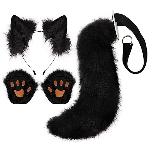 Kunstfell Katzenohren Stirnband flauschiger Wolf Fuchsschwanz Krallenhandschuhe Cosplay Kostüm Set Tierkostüm pelziger Schwanz und Pfoten Damen Kostüm für Halloween Karneval Rollenspiele Bühnenshow von BakerMiche