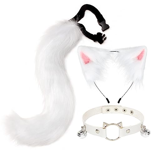 Kunstpelz Fuchs Kostüm pelziges Fuchsohren Stirnband Schwanz Glockenhalsband niedliche flauschige Katzenohren und Schwanz Tier Cosplay Kostüme Verkleidungszubehör für Halloween Weihnachten Verkleidung von BakerMiche