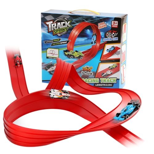 Balakaka Flexible Rennstrecke Auto Rennbahn Spielzeug 4m, Rolls Up Portable Racetrack Loops mit Saugnäpfen für Sprünge Rampen, DIY-Autobahn mit 4 Autos Geschenke für Kinder ab 3 Jahren von Balakaka