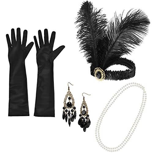 Balinco 1920s Accessoires Set, Hals Perlenkette, Schwarze Handschuhe, Ohrringe, Flapper-Kopfschmuck Haarbandband, Karneval, Fasching, Festival, 20er Jahre von Balinco