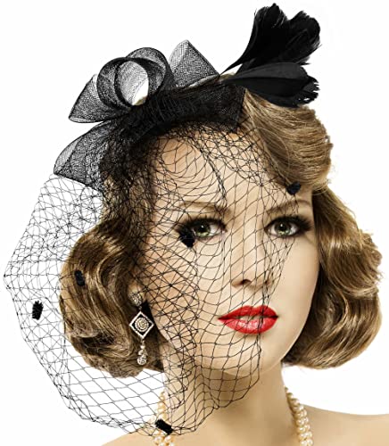 Balinco 20er | 50er Jahre Schleier mit Schleife | Netz mit Spitze | Netzschleier | Haar Clip | Haarschmuck für Damen | Halloween | Karneval | Fasching von Balinco