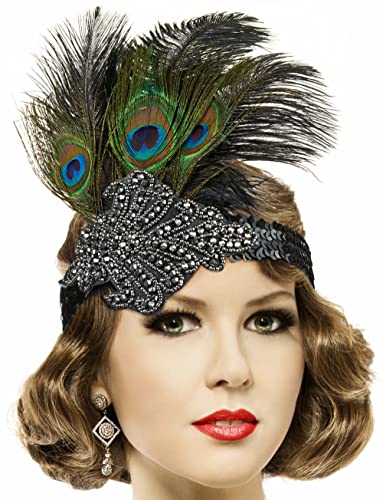 Balinco 20er Jahre Pfau Feder Haarband | Gatsby Pailletten Kopfband | Charleston Retro Stirnband | Haarschmuck 1920s | Accessoire für Damen von Balinco