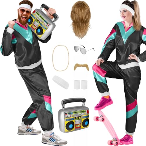 Balinco 80er Jahre Outfit Damen/Herren, Trainingsanzug Karneval Kostüm Set, Vokuhila Perücke, Bart, Kette, Pilotenbrille, Schweißbänder, Ghettoblaster (Schwarz I Petrol I Pink, XXL) von Balinco