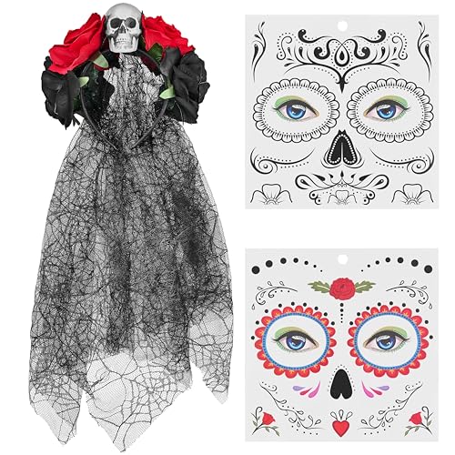 Balinco Dia de los Muertos Kostüm Set Damen, Tag der Toten Haarreif mit Totenkopf, Rosen, Schleier und temporäre Gesicht Tattoo, Rot, Schwarz, Halloween, Karneval Balinco Dia de los Muertos Kostüm Set Damen, Tag der Toten Haarreif mit Totenkopf, Rosen, Schleier und temporäre Gesicht Tattoo, Rot, Schwarz, Halloween, Karneval von Balinco