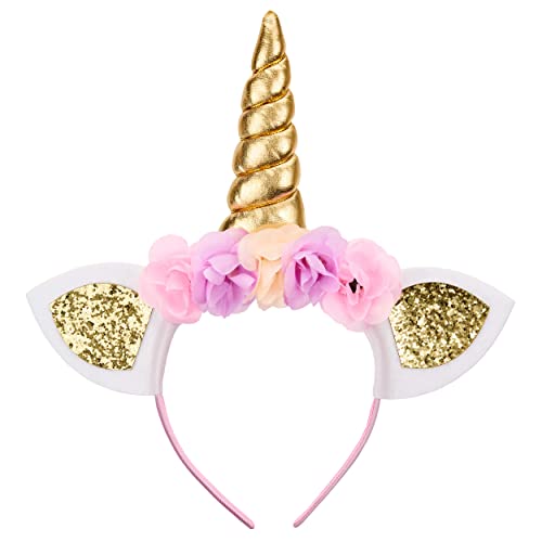 Balinco Einhorn Haarreifen, Gold Headband Haarreif mit Ohren, Haarband mit Blumen für Halloween, JGA, Karneval, Fasching, Pride, Festivals von Balinco