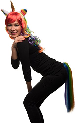 Balinco Einhorn Kostüm-Set bestehend aus Regenbogen Einhorn Perücke + Einhorn Haarreif + Einhorn Pferdeschwanz für Damen und Herren zum Fasching & Karneval von Balinco