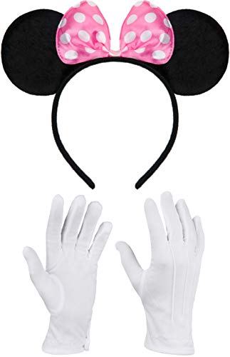 Balinco Haarreifen in schwarz mit Maus Ohren Mouse mit Schleife in rosa mit weißen Punkten inklusive weiße Handschuhe für Kinder & Erwachsene von Balinco
