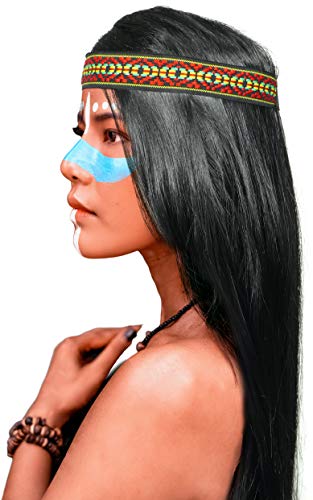 Indianer Perücke mit glatten langen Haaren in schwarz + passendes Kopfband für Damen & Herren Fasching Karneval von Balinco