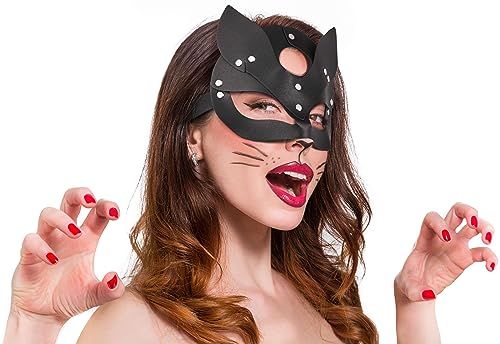 Balinco Katzen Maske, Kostüm Damen, Katzen Augenmaske, Halbmaske Karneval, Halloween Kopfschmuck, Fuchs Maske Sexy, Leder, Schwarz, Nachtclub Outfit von Balinco