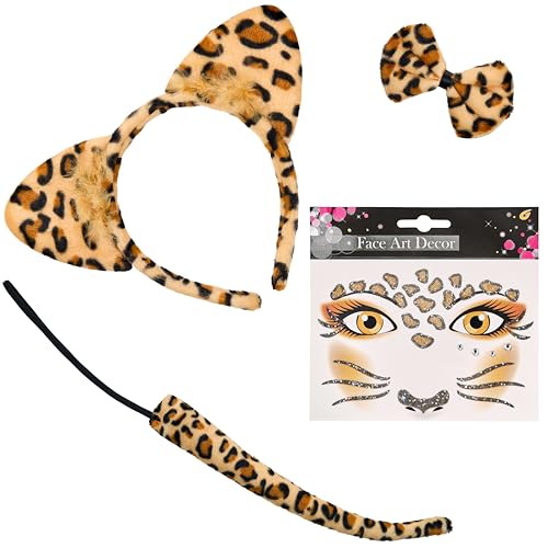 Balinco Leopard Kostüm Set, Leoparden Ohren Haarreif, Fliege, Schwanz, Gesicht Aufkleber Schmucksteine, Safari Outfit Damen, Karneval, Fasching, Halloween von Balinco