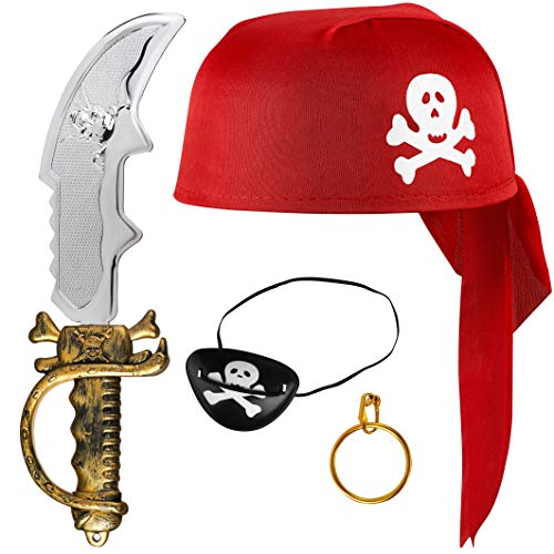 Balinco Piratenset 4-teilig für Kinder bestehend aus Rotem Piratenhut + Säbel + Augenklappe + Goldener Ohrring - Kostüm Set für Fasching/Karneval von Balinco