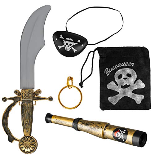 Balinco Piratenset 5-teilig bestehend aus Säbel + Augenklappe + Goldener Ohrring + Fernrohr + Totenkopfbeutel - Kostüm Set für Fasching/Karneval von Balinco