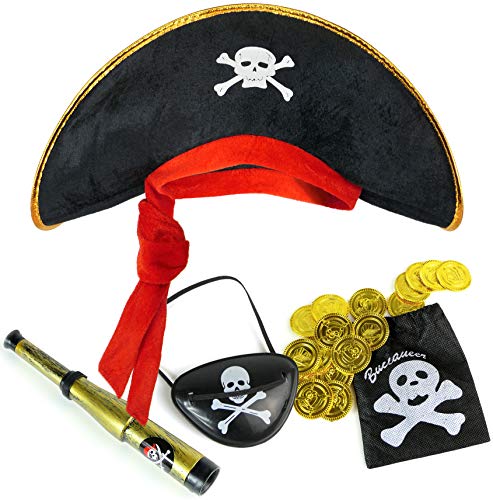 Balinco Piratenset für Kinder bestehend aus Piratenhut + Augenklappe + Fernrohr + Münzbeutel inkl. 20 goldenen Münzen - Kostüm Set für Fasching/Karneval von Balinco