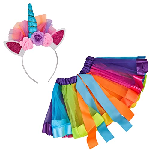 Balinco Prinzessin Einhorn Kostüm Set, Einhorn Haarreif + Regenbogen Tutu Rock, Unicorn Haarband + Tüllrock Bunt, Pride, Cosplay, Karneval, Fasching, Halloween von Balinco