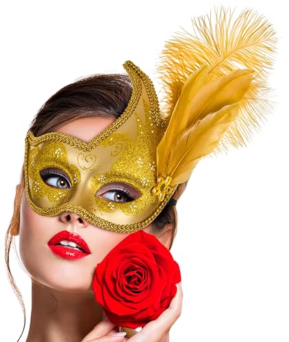 Balinco Venezianische Maske, Augenmaske venezianisch, Halbmaske Kostüm, Gesichtsmaske Karneval, Fasching, Halloween, Maskenball, Kopfschmuck Gold mit Feder von Balinco