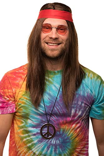 Hippie Set mit Perücke + runde Sonnenbrille + Peace Anhänger + rotes Kopfband für Herren & Damen 70er Jahre Fasching Karneval von Balinco