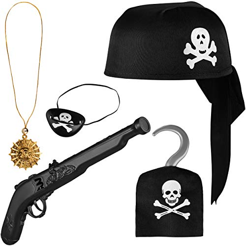 Balinco Piratenset 5-teilig für Kinder bestehend aus Schwarzem Piratenhut + Pistole + Augenklappe + Goldene Kette mit Anhänger + Piratenhaken - Kostüm Set für Fasching/Karneval von Balinco